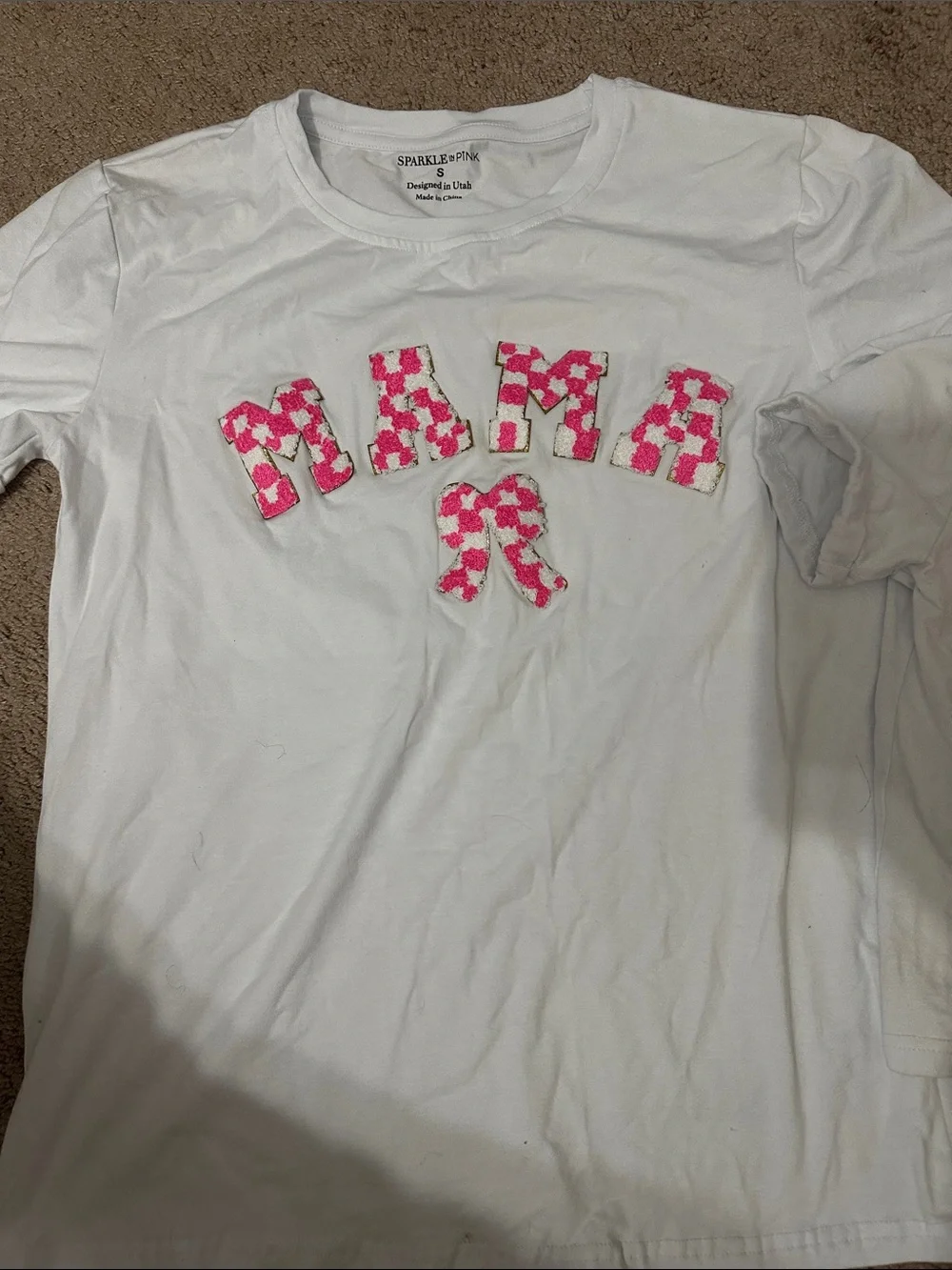 White 'Mama' Women’s Tee with Pink Patterned Appliqué - Matching Set Style